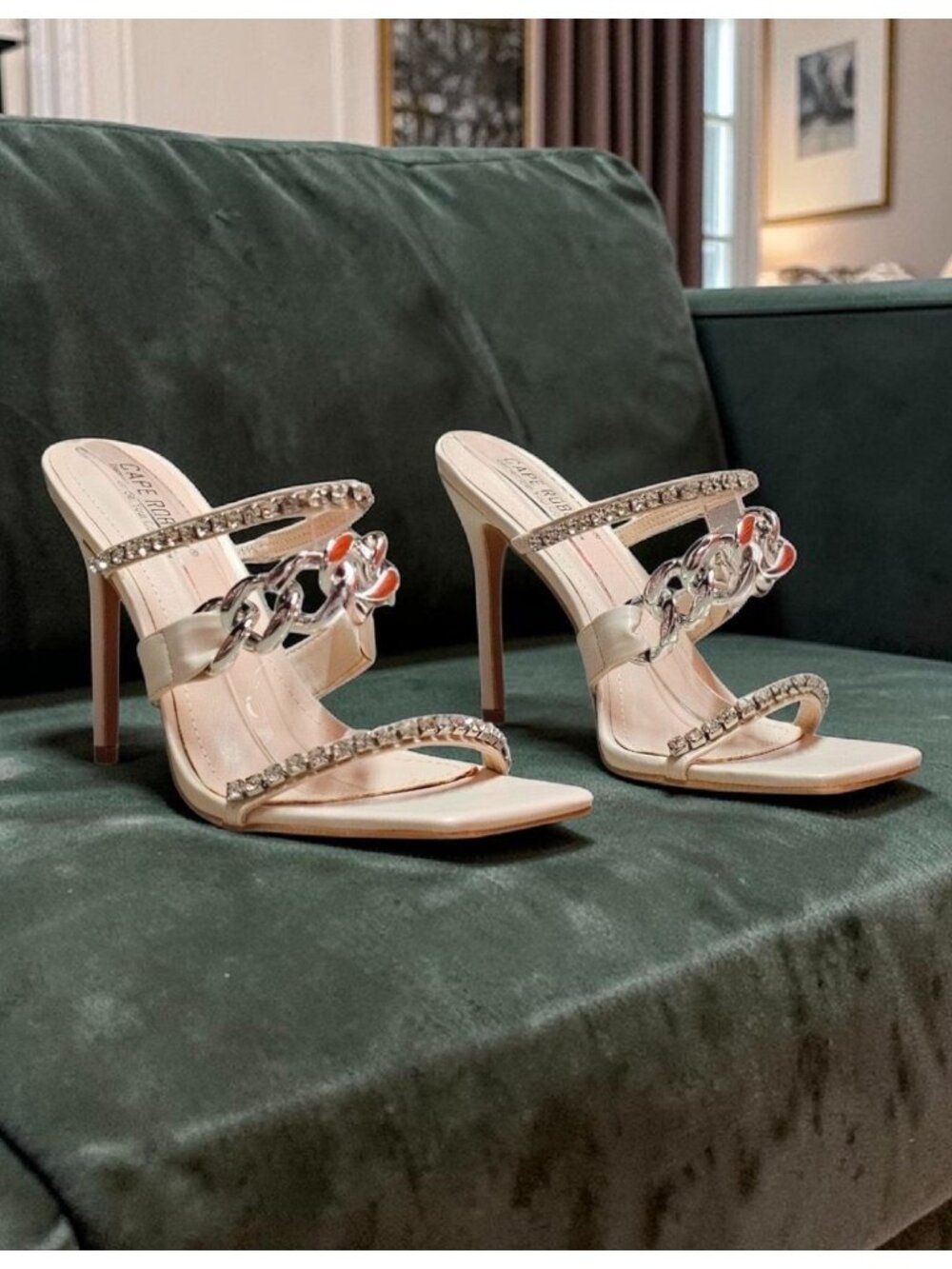 Elegant Rhinestone Chain Strap Stiletto Heels Off White Open Toe Square Toe Desi